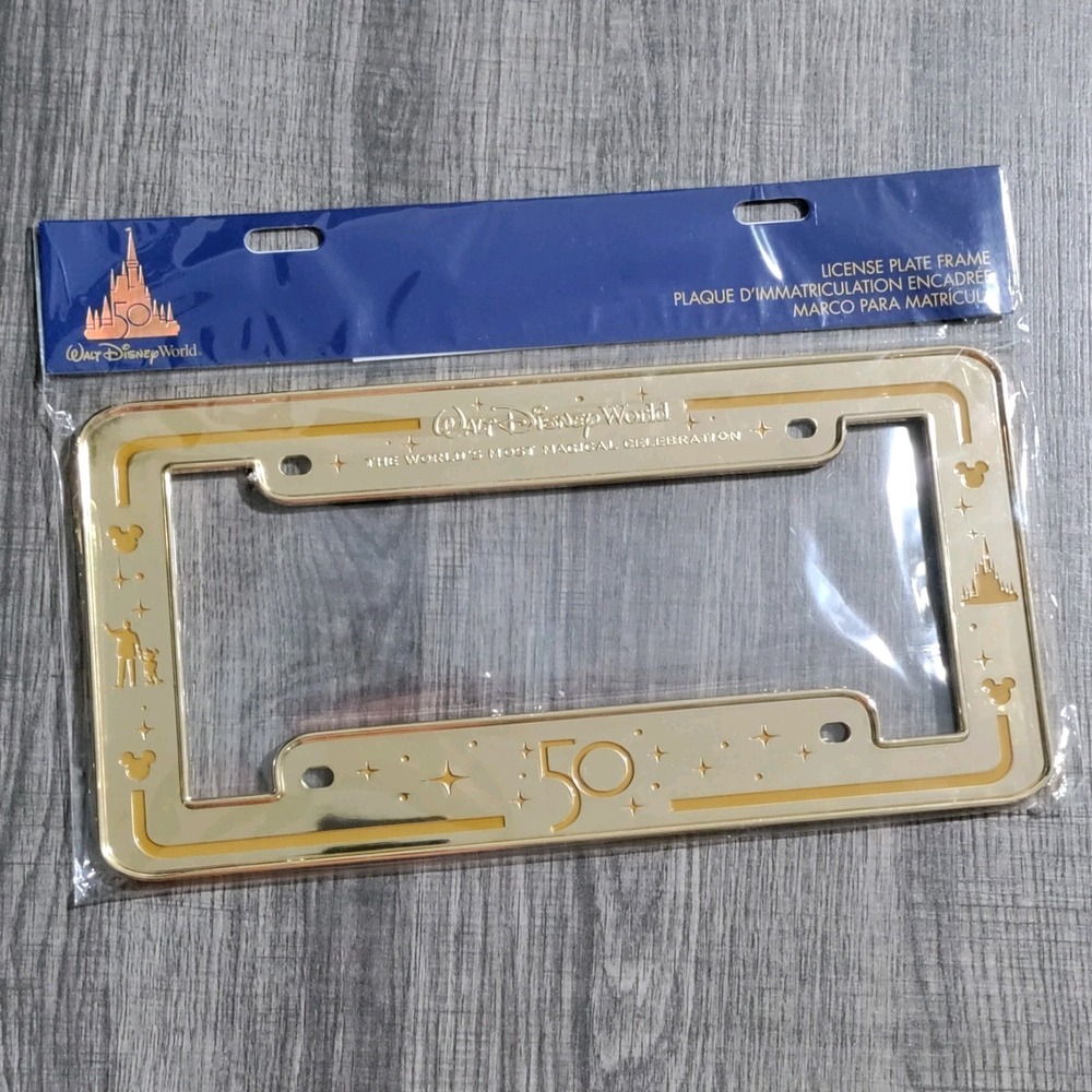 Disney World 50th Anniversary Celebration Gold Metal License‎ Plate Cover Frame